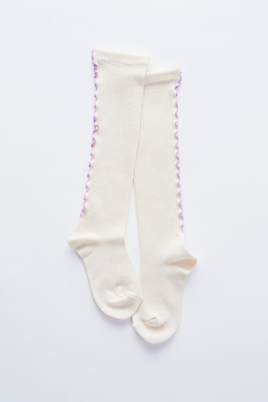 mellow ribbed high socks/　ミルキーホワイト×オーキッドピンク