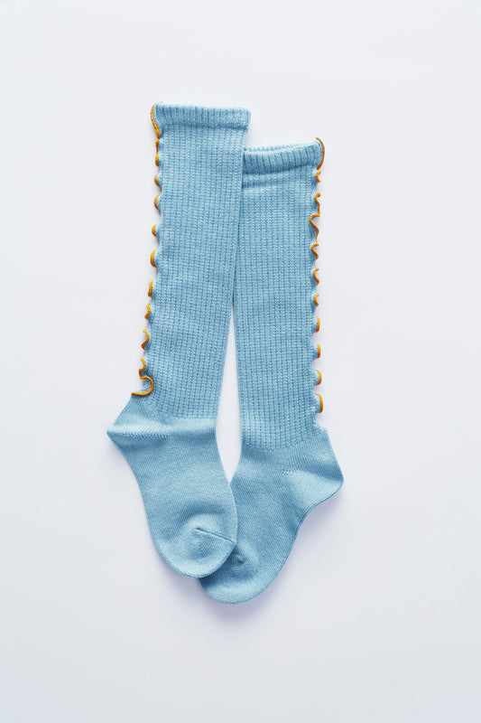 mellow ribbed high socks/　カデットブルー×パンプキン